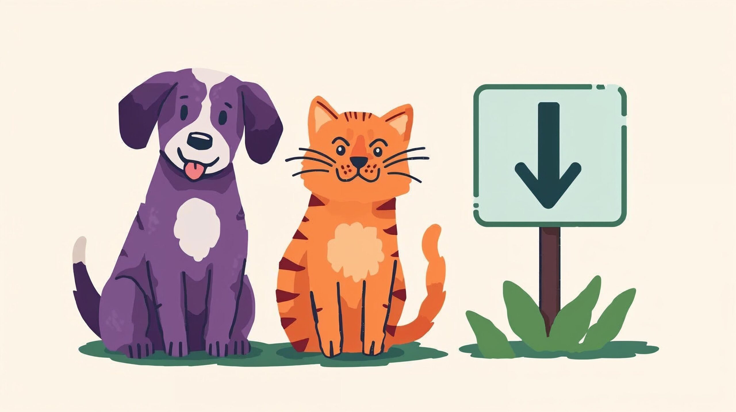 Dog and cat drawn in purple orange and green and a sign with an arrow that points down