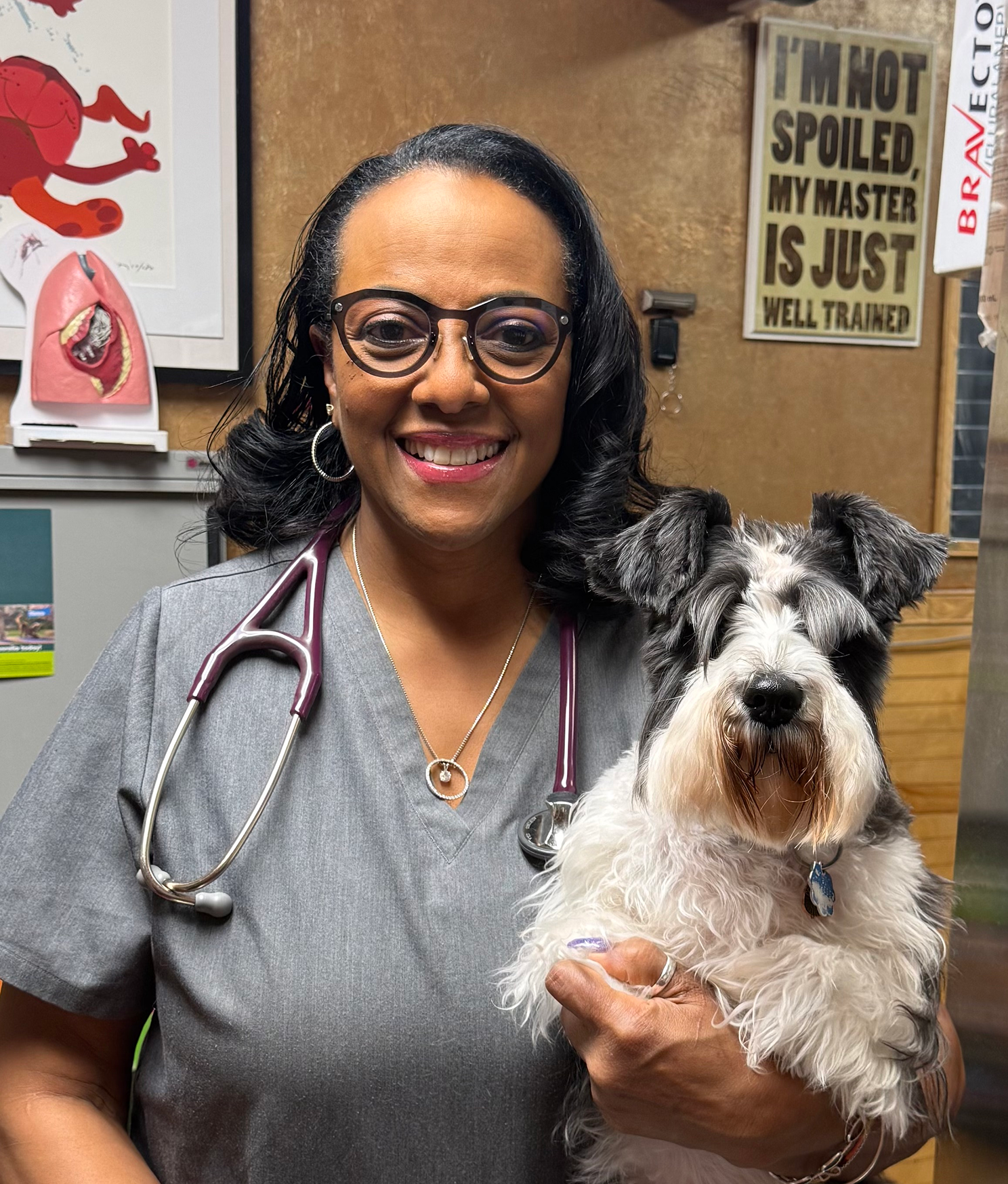 Veterinarian smiling with a dog in a clinic room.